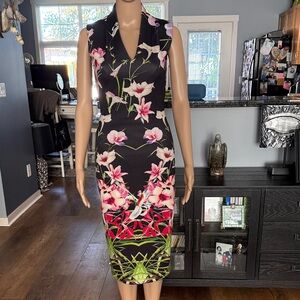 Ted Baker London Black Floral Midi Sheath Dress with Pink & Green Accents